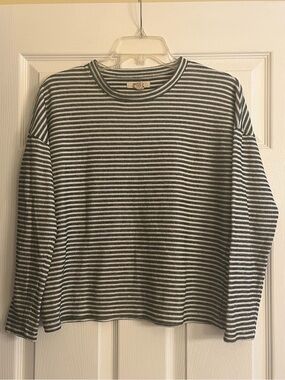 Madewell Green & White Long Sleeve Striped Crewneck Top